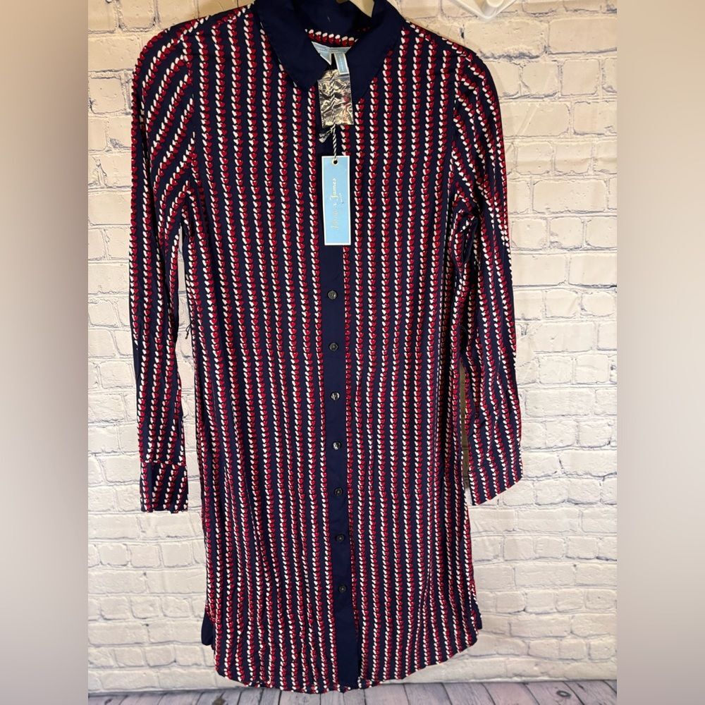 NWT Draper James Navy Red White Heart Field Stripe Business Casual Shirtdress 4